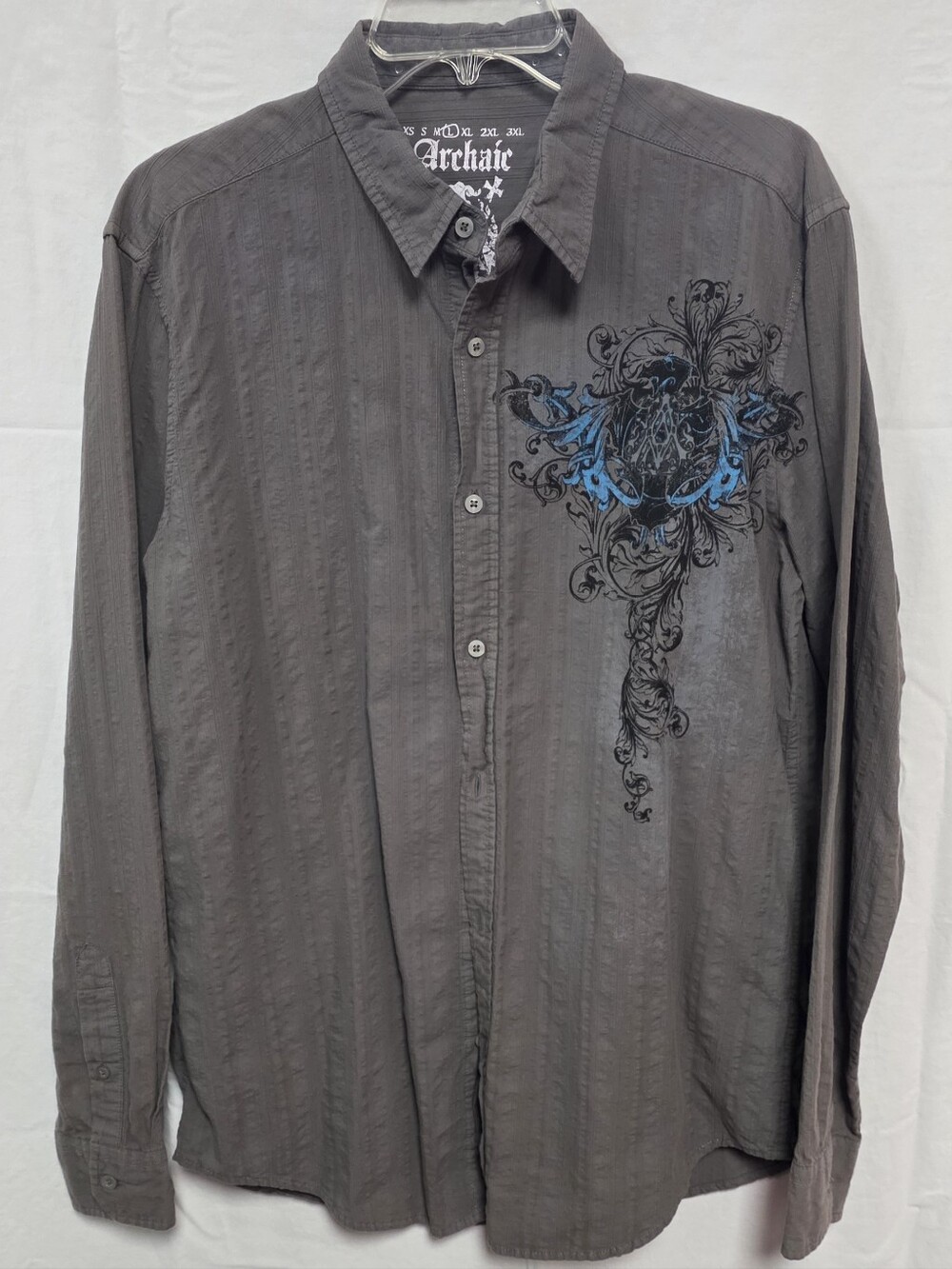 Archaic Men's Gray Button-Down Shirt with Blue Accent Graphic